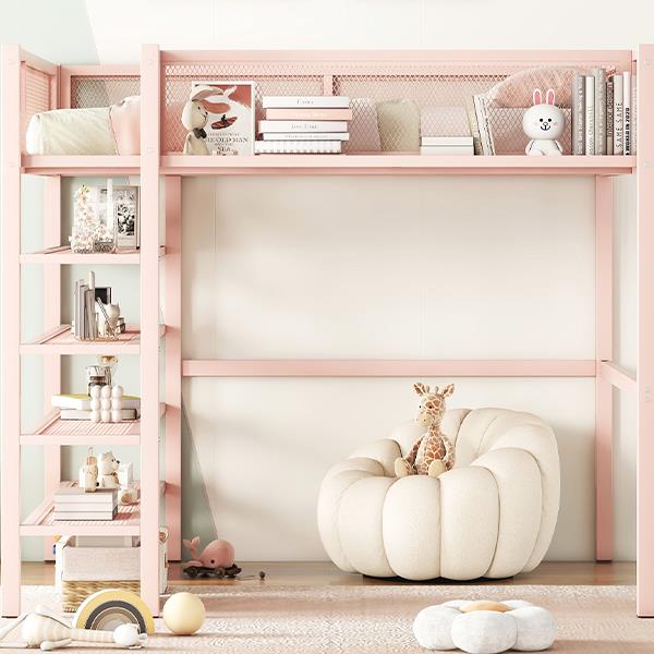 Full Size Metal Loft Bed with 4-Tier Shelves and Storage, Pink