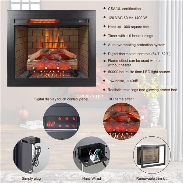 28inch Infrared Electric Fireplace Insert, Touch Panel Home Decor Heater, Smokeless Firebox With Trim Kit