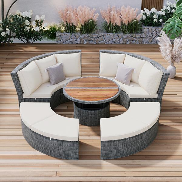 Patio 5-Piece Round Rattan Sectional Sofa Set All-Weather PE Wicker Sunbed Daybed with Round Liftable Table and Washable Cushions for Outdoor Backyard Poolside, Beige