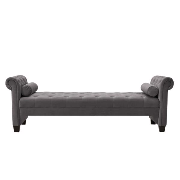 Dark Grey, Solid Wood Legs Velvet Rectangular Sofa Bench with Attached Cylindrical Pillows