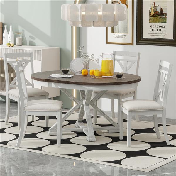 5-Piece Retro Functional Dining Table Set Extendable Round Table and 4 Upholstered Chairs for Dining Room and Living Room (Brown+Antique White)