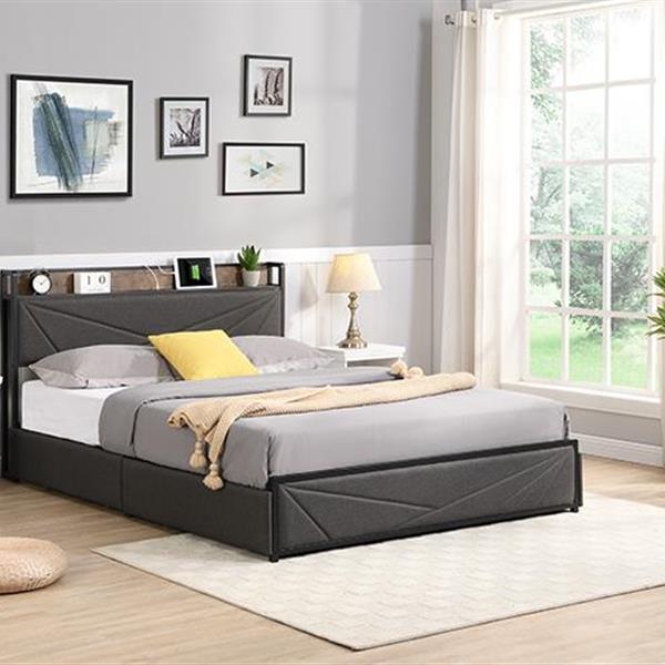 Queen Bed Frame, Storage Headboard with Charging Station, Solid and Stable, Noise Free, No Box Spring Needed, Easy Assembly