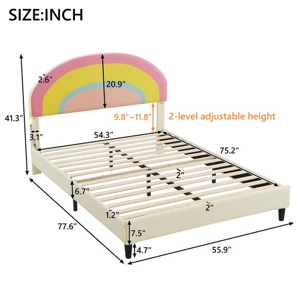 Full Size Upholstered Platform Bed with Rainbow Shaped and Height-adjustbale Headboard,LED Light Strips,Beige