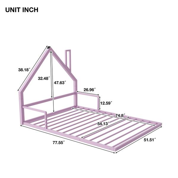 Full Size Metal Floor Bed with House-shaped Headboard, White