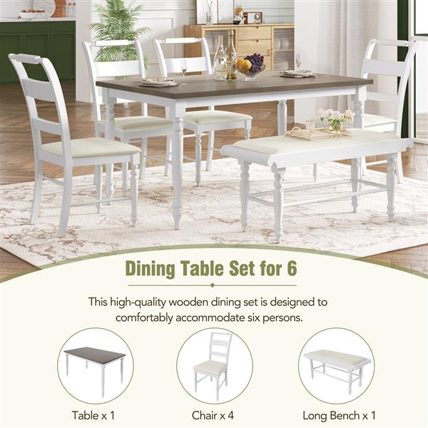 6-peice Dining Set with Turned Legs, Kitchen Table Set with Upholstered Dining Chairs and Bench,Retro Style, White