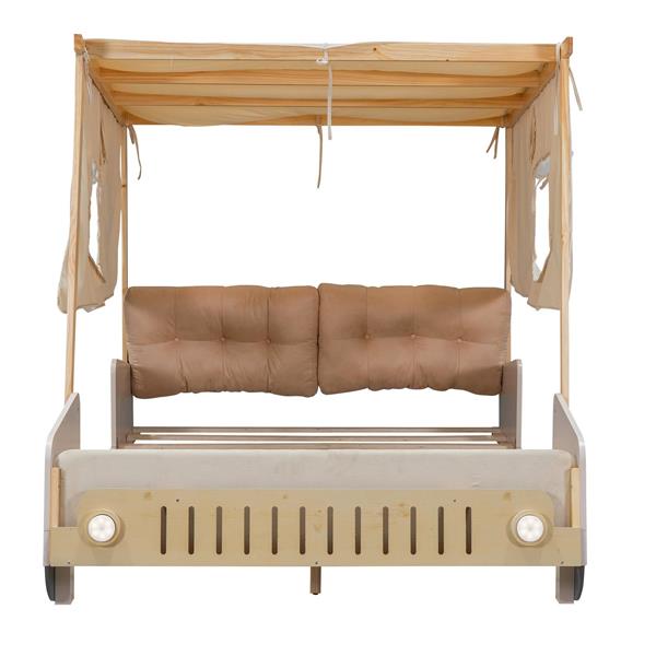 Wood Full Size Car Bed with Pillow, Ceiling Cloth and LED, Natural 