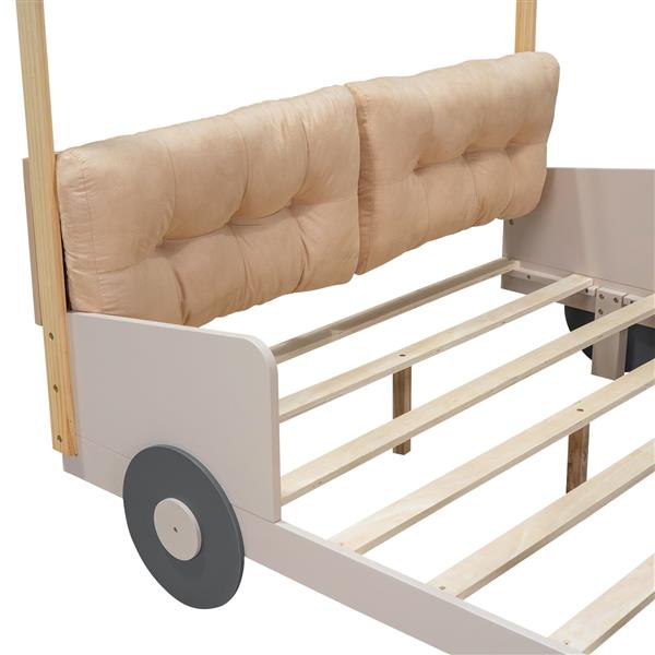 Wood Full Size Car Bed with Pillow, Ceiling Cloth and LED, Natural 