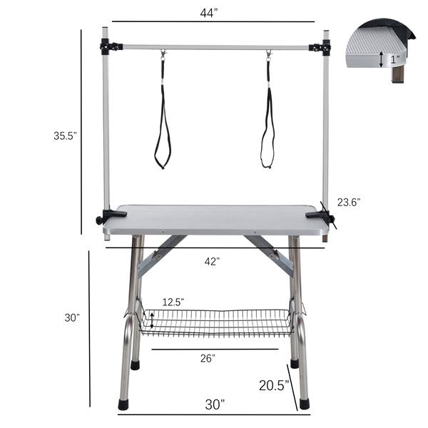 42" Folding Dog Pet Grooming Table Stainless Steel Frame Rubber Mat on Board with Adjustable Arm and Clamps pet dog Cat Grooming Table (SILVER-GRAY COLOR)