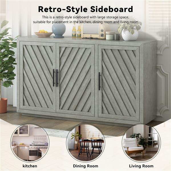 3-Door Large Storage Retro Sideboard with Adjustable Shelves and Black Handles for Kitchen, Dining Room and Living Room (Antique Gray)