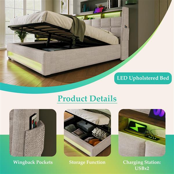 Full size Upholstered Platform bed with a Hydraulic Storage System, LED and USB Charging, Natural (without mattress)