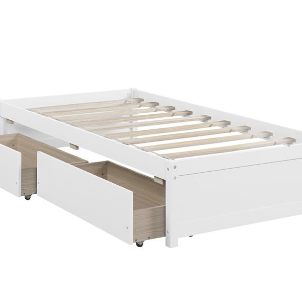 Twin Bed with 2 Drawers, Solid Wood, No Box Spring Needed ,White