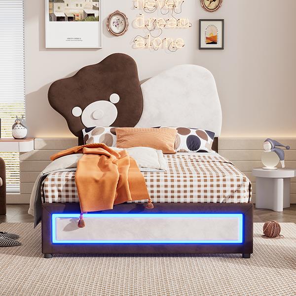 Twin Size Upholstered Platform Bed with Bear Shaped Headboard, LED Light Strips, White + Brown