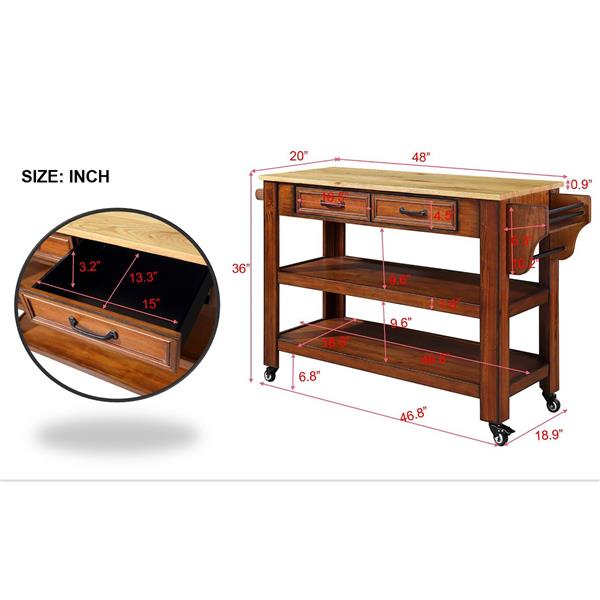 57 inch Rolling Kitchen Island with Storage,Kitchen Cart with Solid OAK Wood Top,Two-sided Kitchen island Cart on Wheels ,Wine and Spice Rack, Large Kitchen Cart with 2 Drawers, Walnut+Natural Top