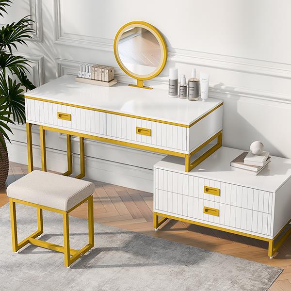 Modern Style Vanity Table With Movable Side Cabinet And 4-Drawers, Large Size Dressing Table With Mirror and 3-colors LED Light, Makeup Table With Stool, White, Golden Legs