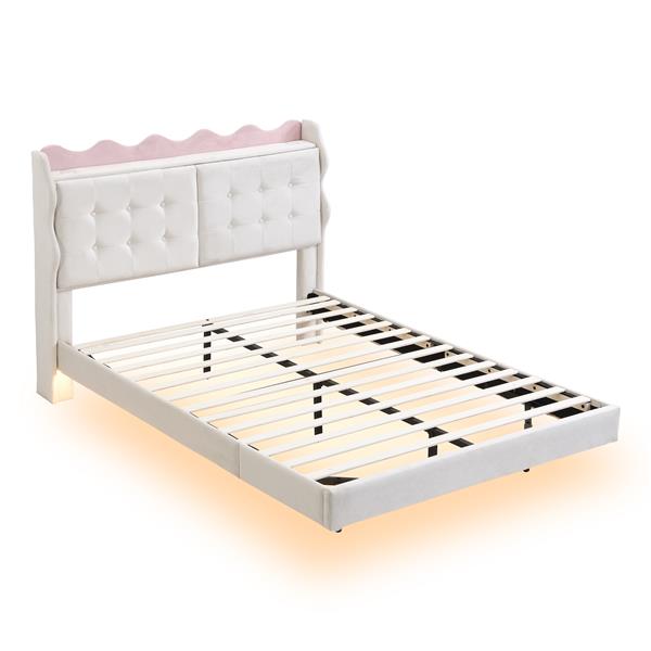 Full Size Upholstery Platform Bed Frame with LED Light Strips,Headboard Storage Space and Two USB Charging Deisgn,Beige