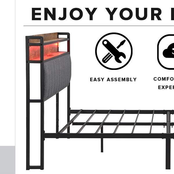 Full Bed Frames with Storage Headboard and Drawers, LED Platform Bed Frame Full Size, LED Upholstered Bed Frame  with Charging Station, No Box Spring Needed, Easy Assembly, Grey