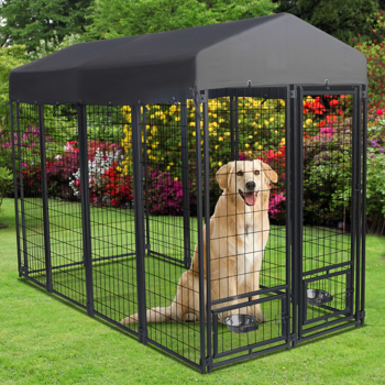 Outdoor Dog Kennel 8\\' x 6\\' x 4\\' with Waterproof Canopy Roof Heavy Duty Metal Dog Cage with Rotating Feeding Door