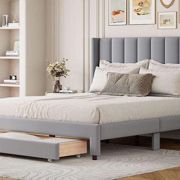 Full Size Storage Bed Velvet Upholstered Platform Bed with a Big Drawer - Gray