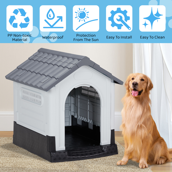 33 inch Large Plastic Dog House, Indoor Outdoor Doghouse Pet House with Air Vents and Elevated Floor, Insulated Water Resistant Puppy Shelter Kennel, Gray & White