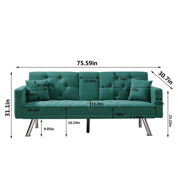 Dark Green Linen Convertible Sofa and Bed, Square Arm Armrests, Can Hold Water Cup, Two Pillow