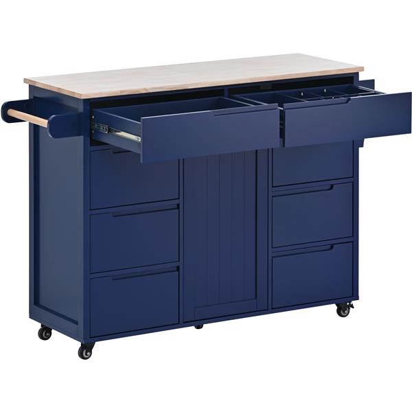 Kitchen Cart with Rubber Wood Countertop , Kitchen Island has 8 Handle-Free Drawers Including a Flatware Organizer and 5 Wheels for Kitchen Dinning Room, Dark Blue