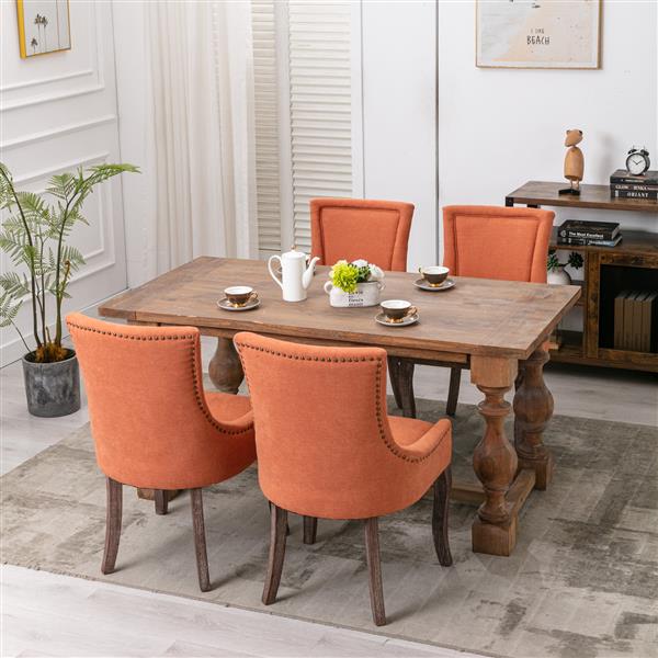 Furniture,Ultra Side Dining Chair，Thickened fabric chairs with neutrally toned solid wood legs， Bronze nail head，Set of 2，Orange