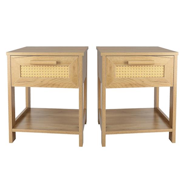 Nightstand Set of 2, 2 Drawer Dresser for Bedroom, Small Dresser with 2 Drawers and two open storage shelf, Bedside Furniture, Night Stand, End Table with rattan Design, Natural Color