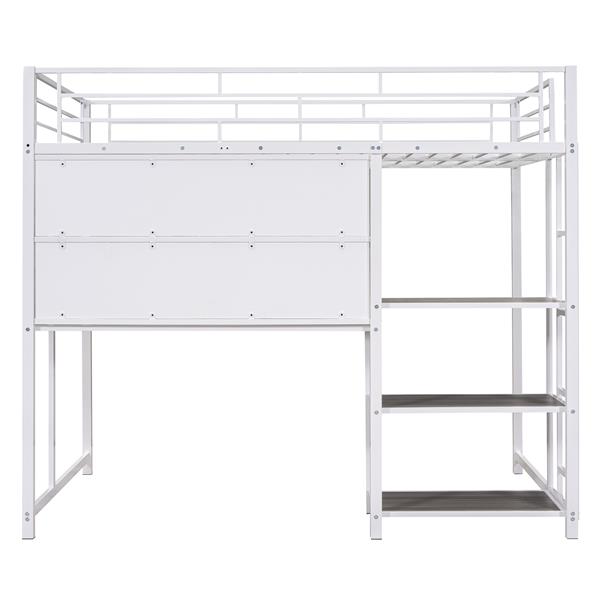 Full Size Loft Bed with Desk and Whiteboard, Metal Loft Bed with 3 Shelves and Ladder, White