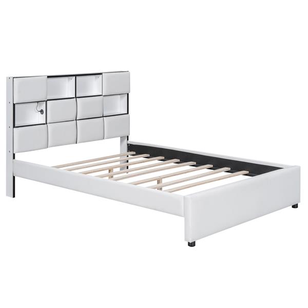 Full Size Upholstered Platform Bed with LED, Storage and USB, Beige