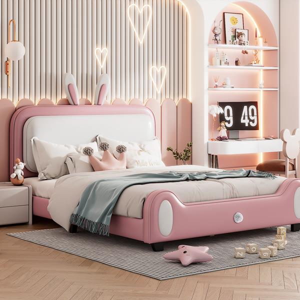 Full size Upholstered Rabbit-Shape Princess Bed ,Full Size Platform Bed with Headboard and Footboard,White+Pink