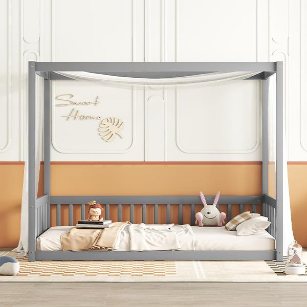 Twin Size Canopy Frame Floor Bed with Fence, Guardrails,Grey