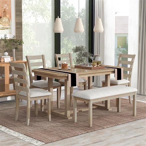 6-Piece Rubber Wood Dining Table Set with Beautiful Wood Grain Pattern Tabletop Solid Wood Veneer and Soft Cushion (Natural Wood Wash)