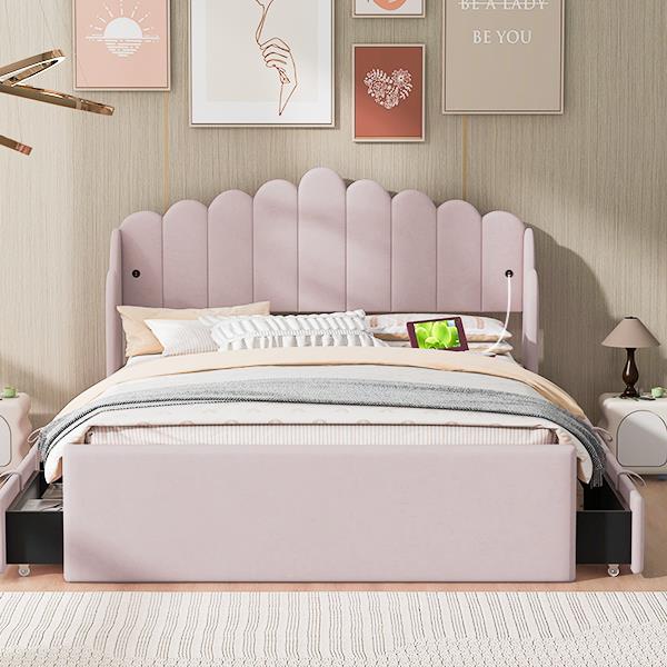 Full Size Upholstered Platform Bed with 4 Drawers and 2 USB, Pink