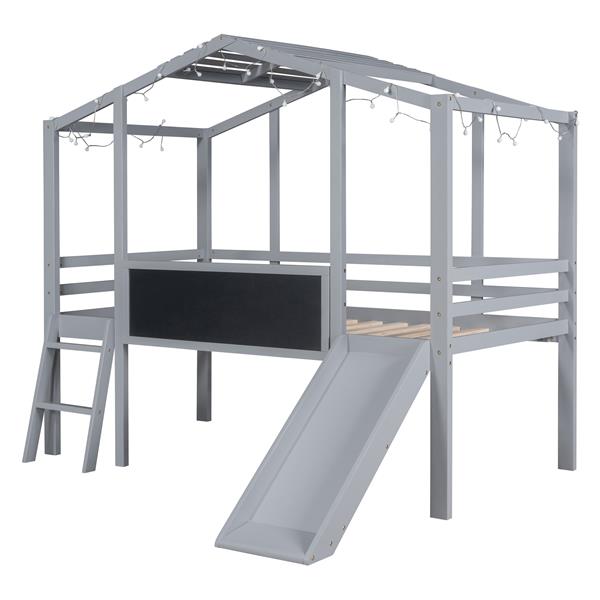 Twin Size Loft Bed with Ladder and Slide, House Bed with Blackboard and Light Strip on the Roof, Gray