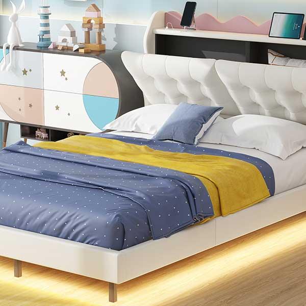 Full Size Upholstery Platform Bed Frame with LED Light Strips,Headboard Storage Space and Two USB Charging Deisgn,Beige