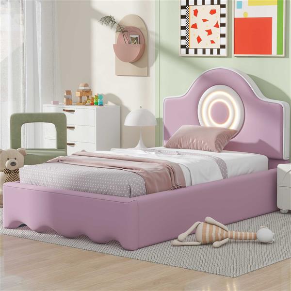 Twin Size Upholstered Platform Bed with LED Headboard, Pink