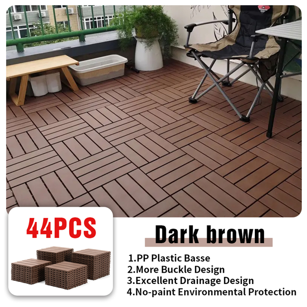 44pcs Dark Brown 11.8"x11.8"(30cmx30cm) Interlocking Deck Tiles - Waterproof, Anti-Slip, All-Weather Patio Flooring for Outdoor and Indoor Use - Smooth Wood-Grain Design Ideal for Courtyards, Balconie