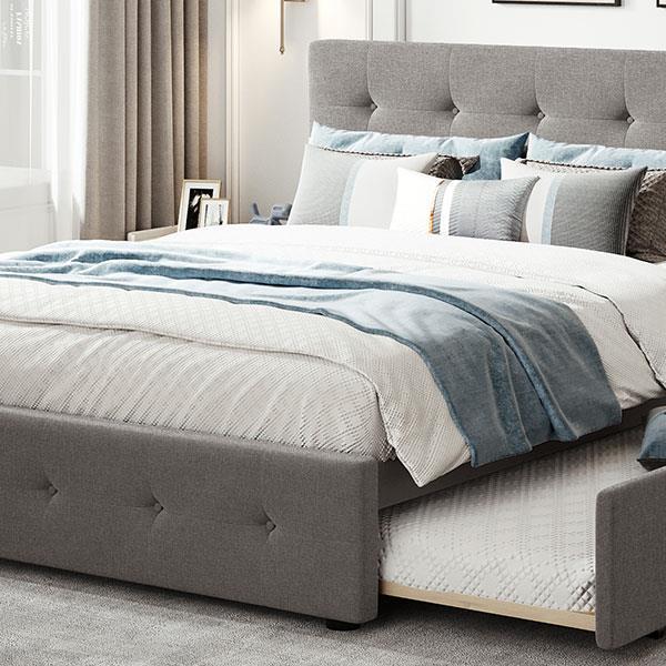 Upholstered Platform Bed with 2 Drawers and 1 Twin XL Trundle,  Linen Fabric, Queen Size - Light Gray