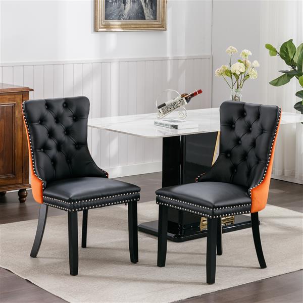 Furniture,Modern, High-end Tufted Solid Wood Contemporary PU and Velvet Upholstered Dining Chair with Wood Legs Nailhead Trim  2-Pcs Set，Black+Orange, SW2101BO