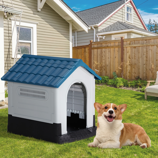 26 inch Plastic Dog House, Indoor Outdoor Doghouse Pet House with Air Vents and Elevated Floor, Insulated Water Resistant Puppy Shelter Kennel for Small Dogs, Blue & White