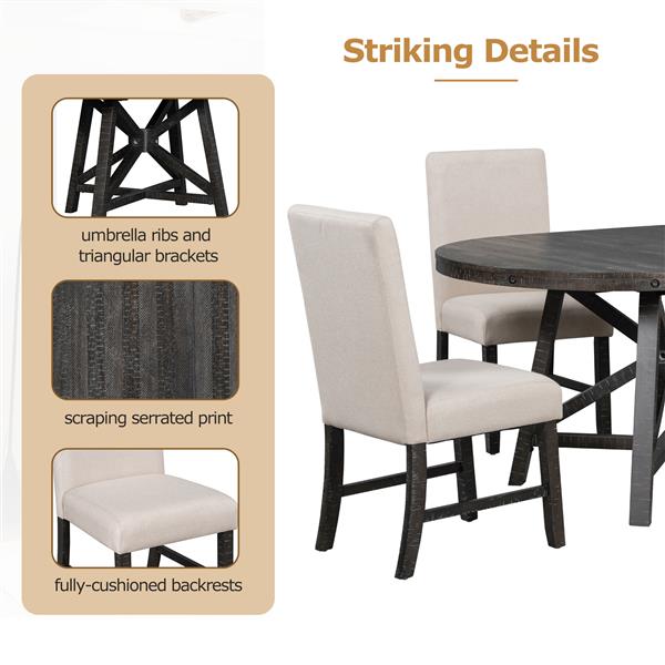 5-Piece Retro Functional Dining Set with Extendable Round Table with Removable Middle Leaf and 4 Upholstered Chairs for Dining Room and Living Room (Black)