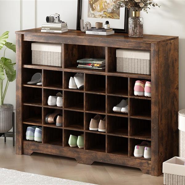 Sleek Design 24 Shoe Cubby Console, Modern Shoe Cabinet with Curved Base, Versatile Sideboard with High-quality for Hallway, Bedroom, Living Room, Rustic Brown