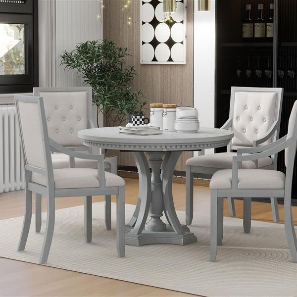 Retro 5-piece Dining Set Extendable Round Table and 4 Chairs for Kitchen Dining Room(ANTIQUE GRAY OAK)