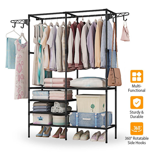 Clothing Rack Clothes Rack, 66'' Multifunctional Garment Rack for Hanging Clothes, 4 Tiers Portable Closet Rack with 4 Hooks & 2 Hanging Rods, Coated Metal Freestanding Closet Wardrobe System