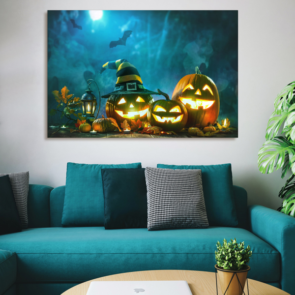 Framed Canvas Wall Art Decor Painting For Halloween, Jack-o-lanterns with Wizard Hat Painting For Halloween Gift, Decoration For Halloween Living Room, Bedroom Decor-Ready To Hang