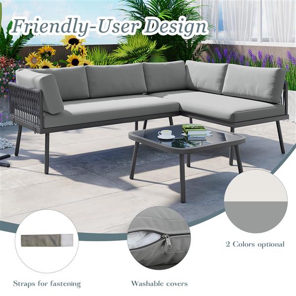 Modern Outdoor 3-Piece PE Rattan Sofa Set All Weather Patio Metal Sectional Furniture Set with Cushions and Glass Table for Backyard, Poolside, Garden, Gray,L-Shaped