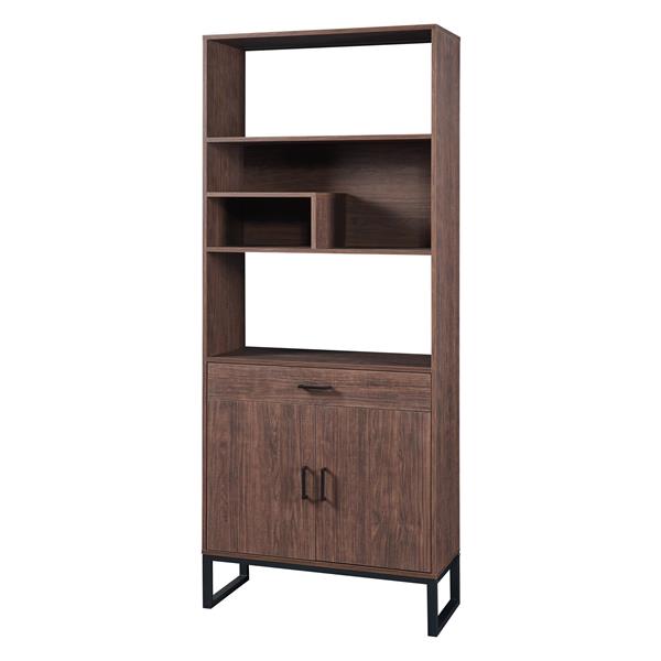 75.9"Modern Open Bookshelf with Doors, Bookcase with Storage drawer and LED Strip Lights,Free Standing Display Rack,Wooden Tall Bookshelf for Living Room and Office, Walnut