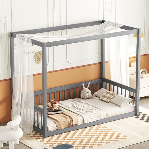 Twin Size Canopy Frame Floor Bed with Fence, Guardrails,Grey