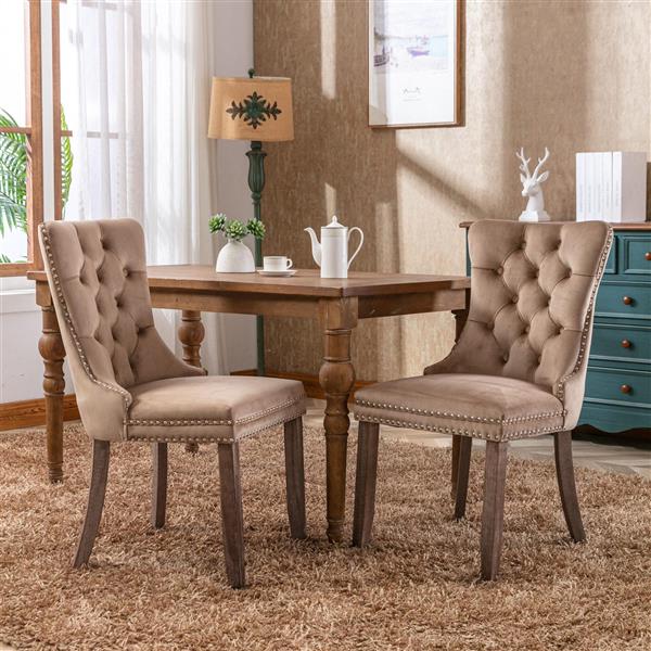 Modern, High-end Tufted Solid Wood Contemporary Velvet Upholstered Dining Chair with Wood Legs Nailhead Trim 2-Pcs Set, Khaki