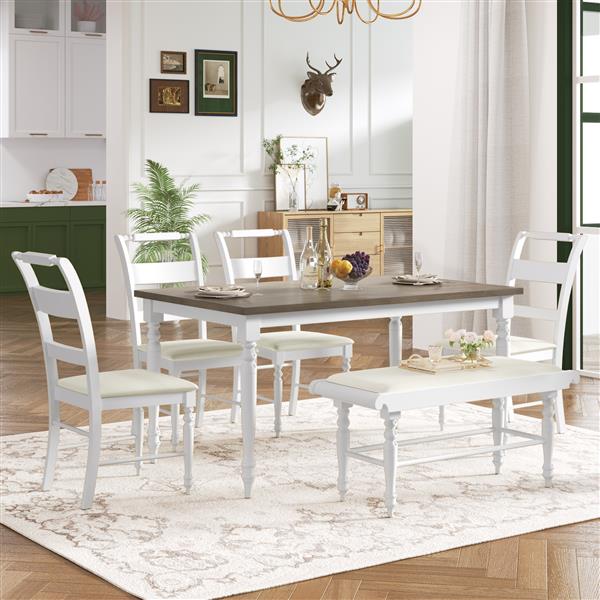 6-peice Dining Set with Turned Legs, Kitchen Table Set with Upholstered Dining Chairs and Bench,Retro Style, White